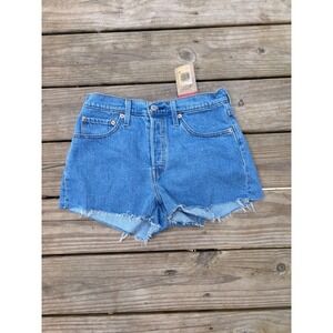 Levis 501 Original Shorts Womens 28 High Rise Medium Wash Denim Raw Hem Stretch
